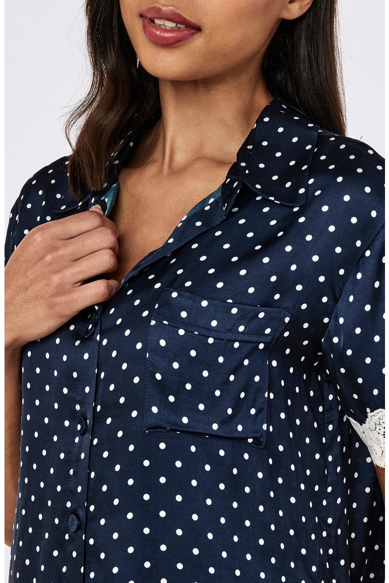 Annabelle Satin Lace Boxer Pajamas, Alternate, color, DEEP NAVY/ MINI CREAM SPOT