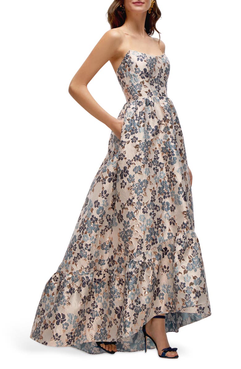 Dessy Collection Floral Brocade High-Low Gown, Alternate, color, Indigo Midnight