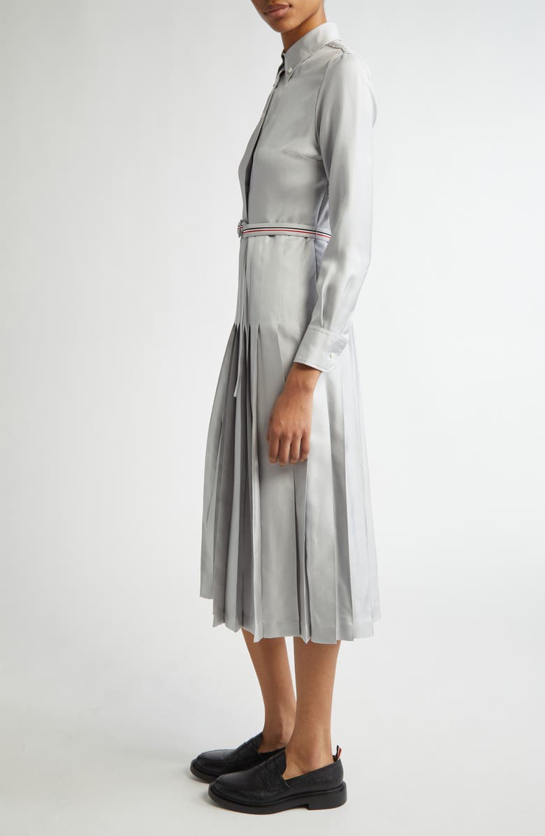 Thom Browne Long Sleeve Pleated Silk Midi Shirtdress, Alternate, color, Light Grey