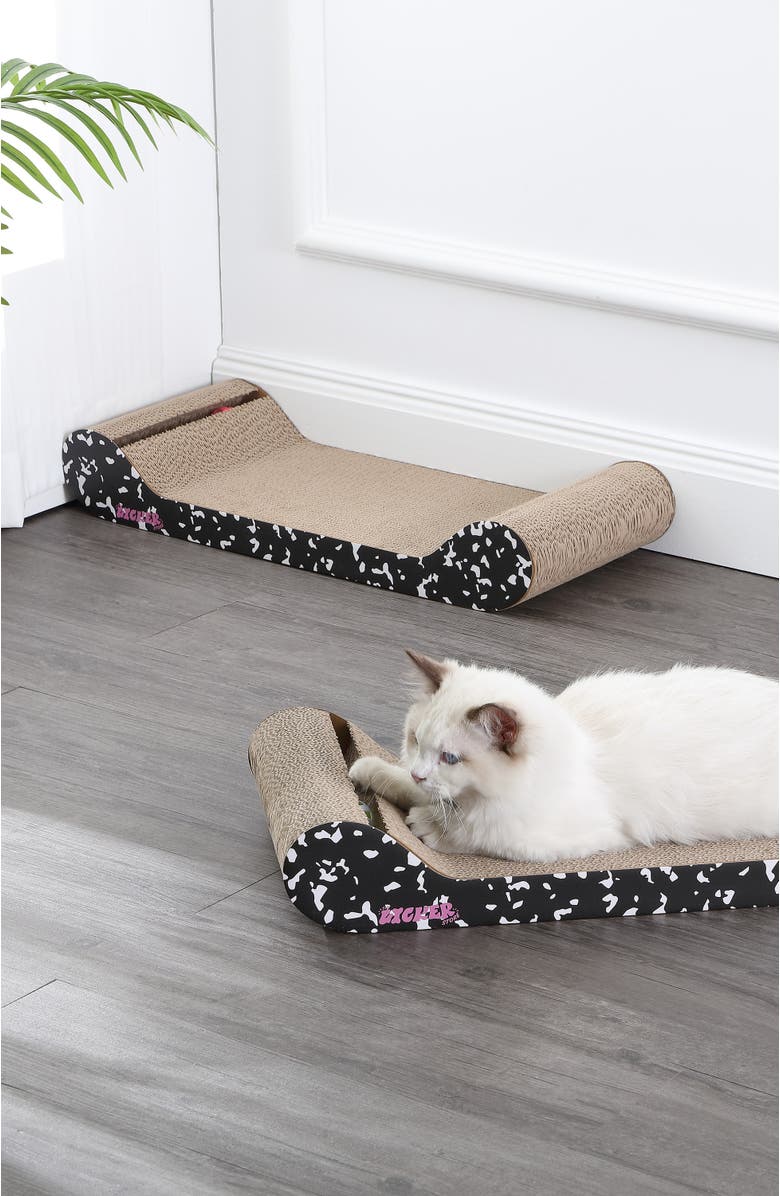 The Licker Store Rini 23.75" Modern Cardboard Lounge Bed Cat Scratcher with Built-In Bell Toys and Catnip, Alternate, color, Black/White