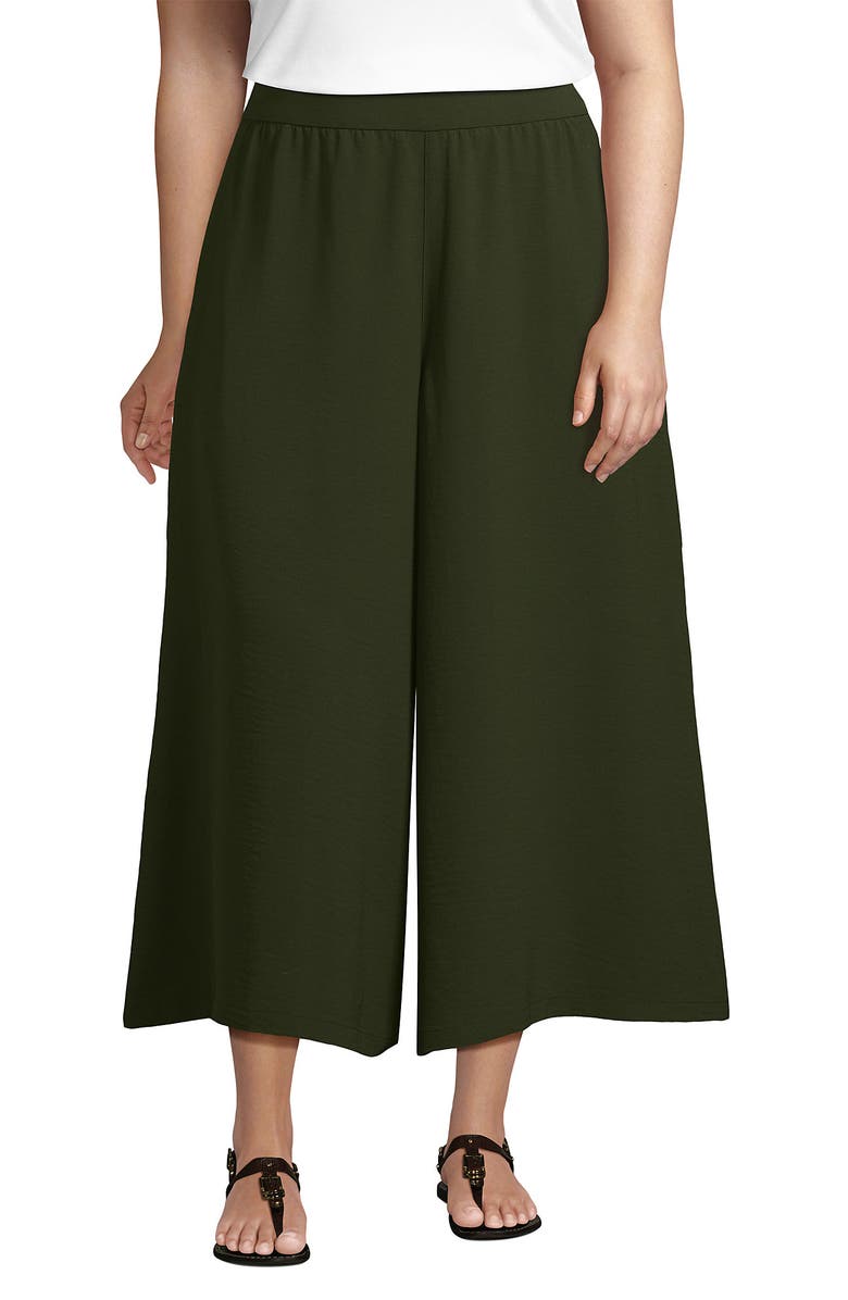 Lands' End Plus Size Creaseless High Rise Palazzo Crop Pants, Main, color, Dark Cilantro Green