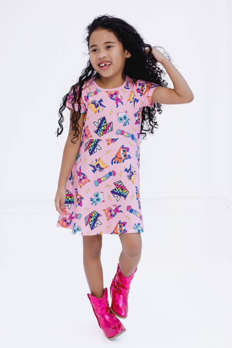 Super Kitties Short Sleeve Skater Dress, Alternate, color, SuperKitties Pink