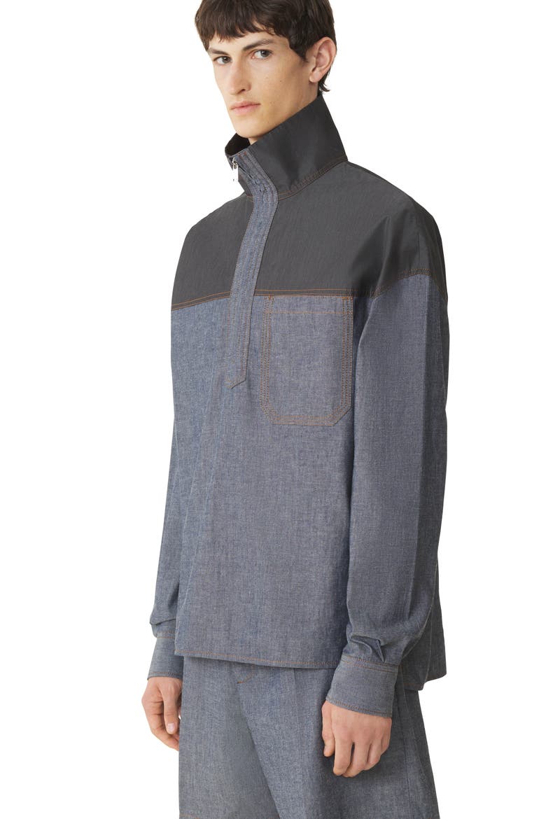 High Zip-Neck Chambray Top, Alternate, color, Navy Blue