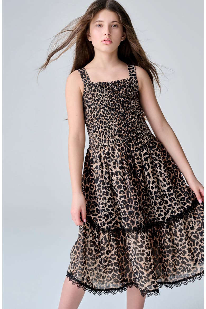 Kids' Leopard Tiered Dress, Alternate, color, BROWN