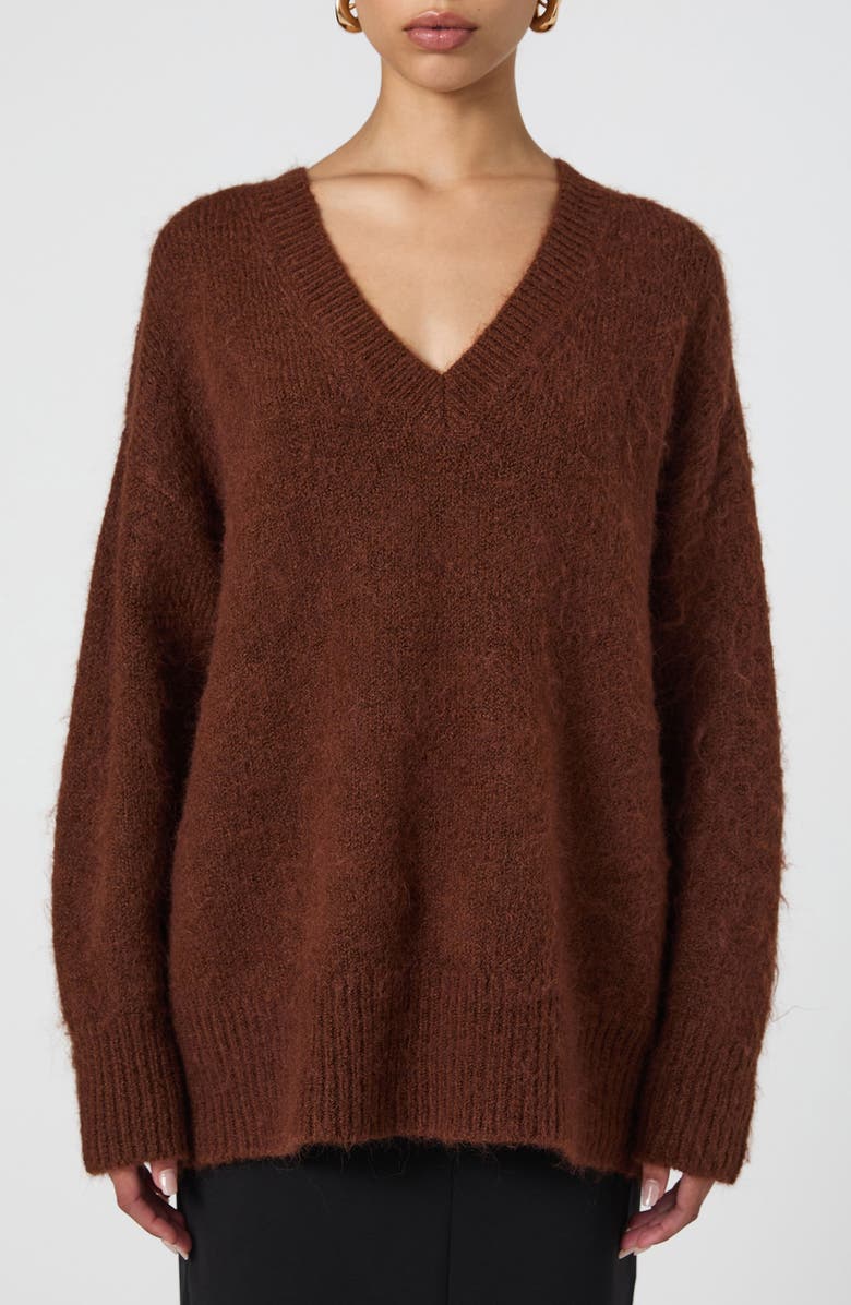 French Connection Oversize V-Neck Sweater, Main, color, Chocolate