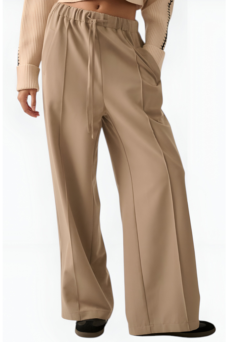 Wide-Leg Front-Seam Elastic Drawstring Waist Trousers, Alternate, color, Beige