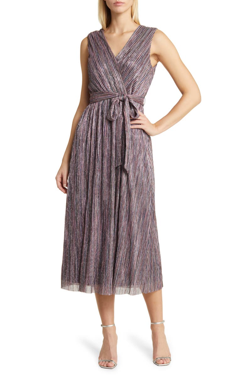 Anne Klein Plissé Tie Belt Midi Dress, Main, color, 