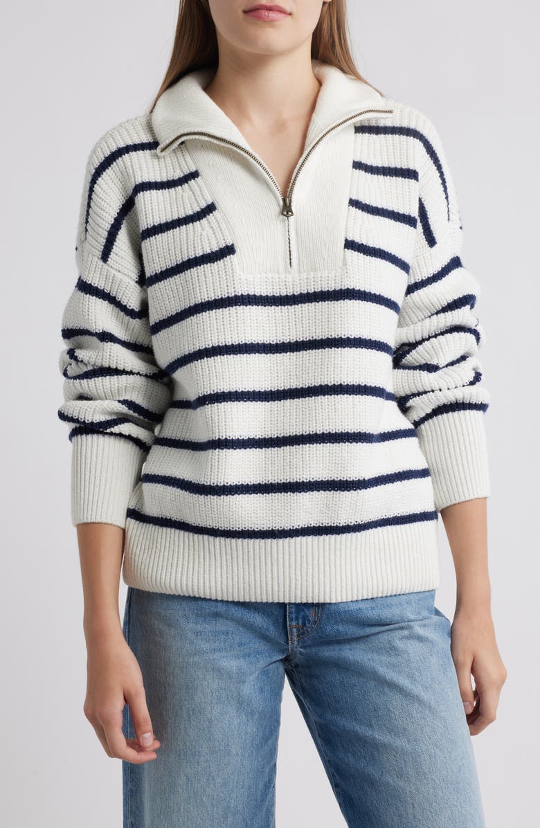 Faherty Mariner Stripe Quarter Zip Sweater, Main, color, Egret Multi
