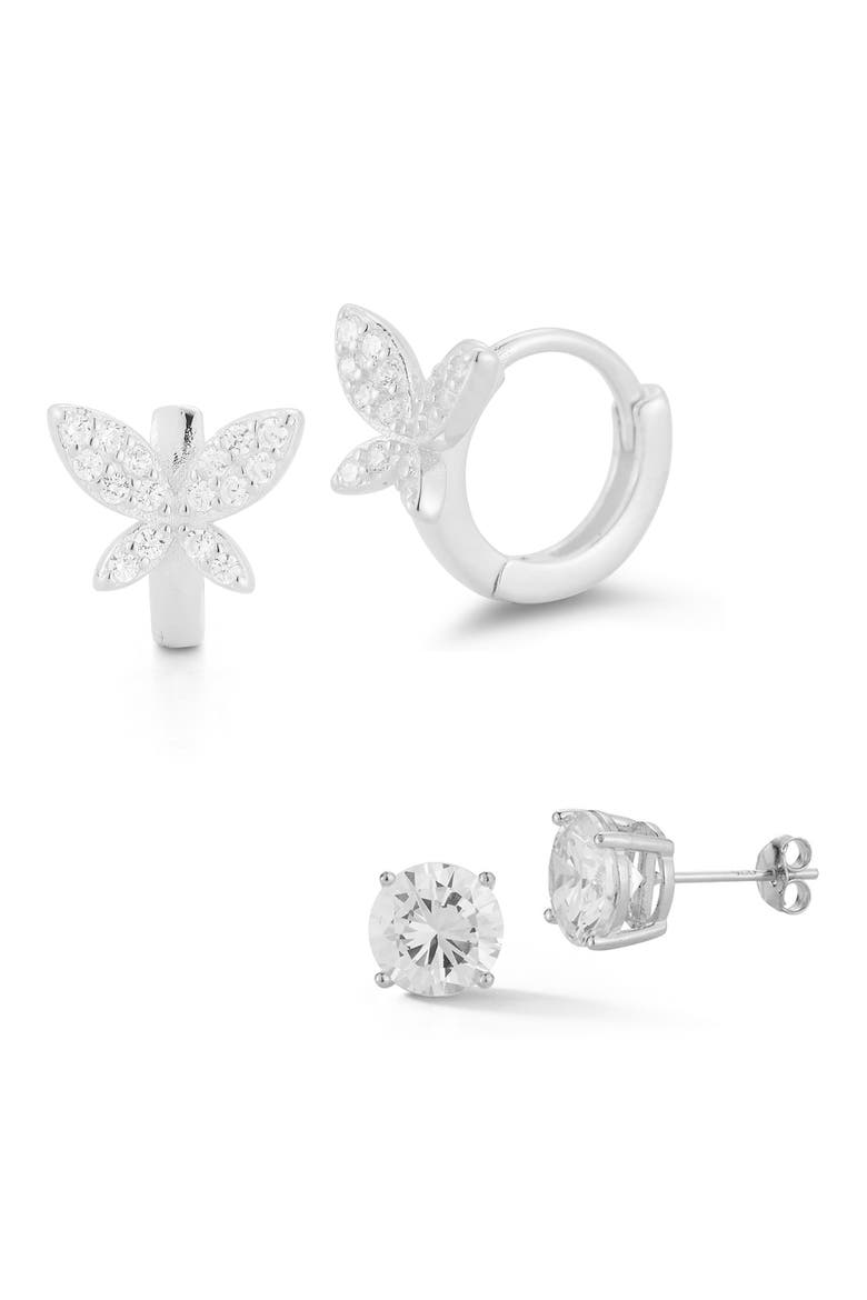 Set of 2 Cubic Zirconia Stud & Butterfly Hoop Earrings, Main, color, SILVER