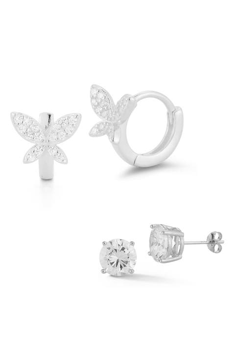 Set of 2 Cubic Zirconia Stud & Butterfly Hoop Earrings