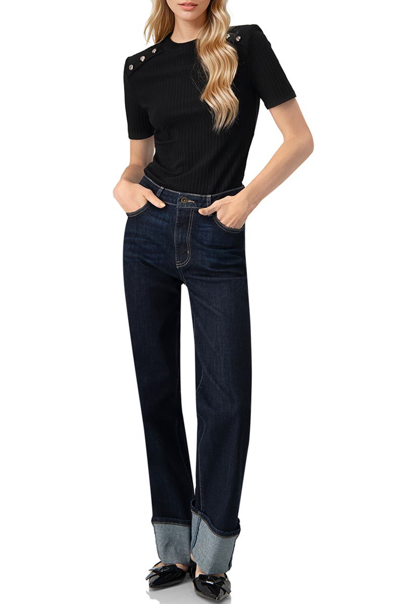 IVONNE Puffed Shoulder Black Top, Alternate, color, Black