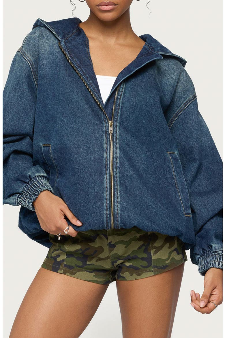 Hooded Vintage Wash Denim Bomber Jacket, Main, color, MEDIUM-BLUE