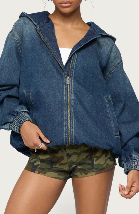 Hooded Vintage Wash Denim Bomber Jacket