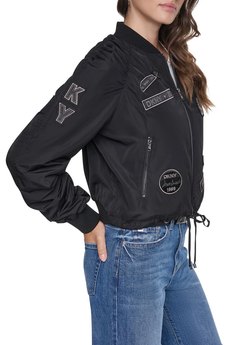 Ruched Pins & Patches Bomber Jacket, Alternate, color, BLACK