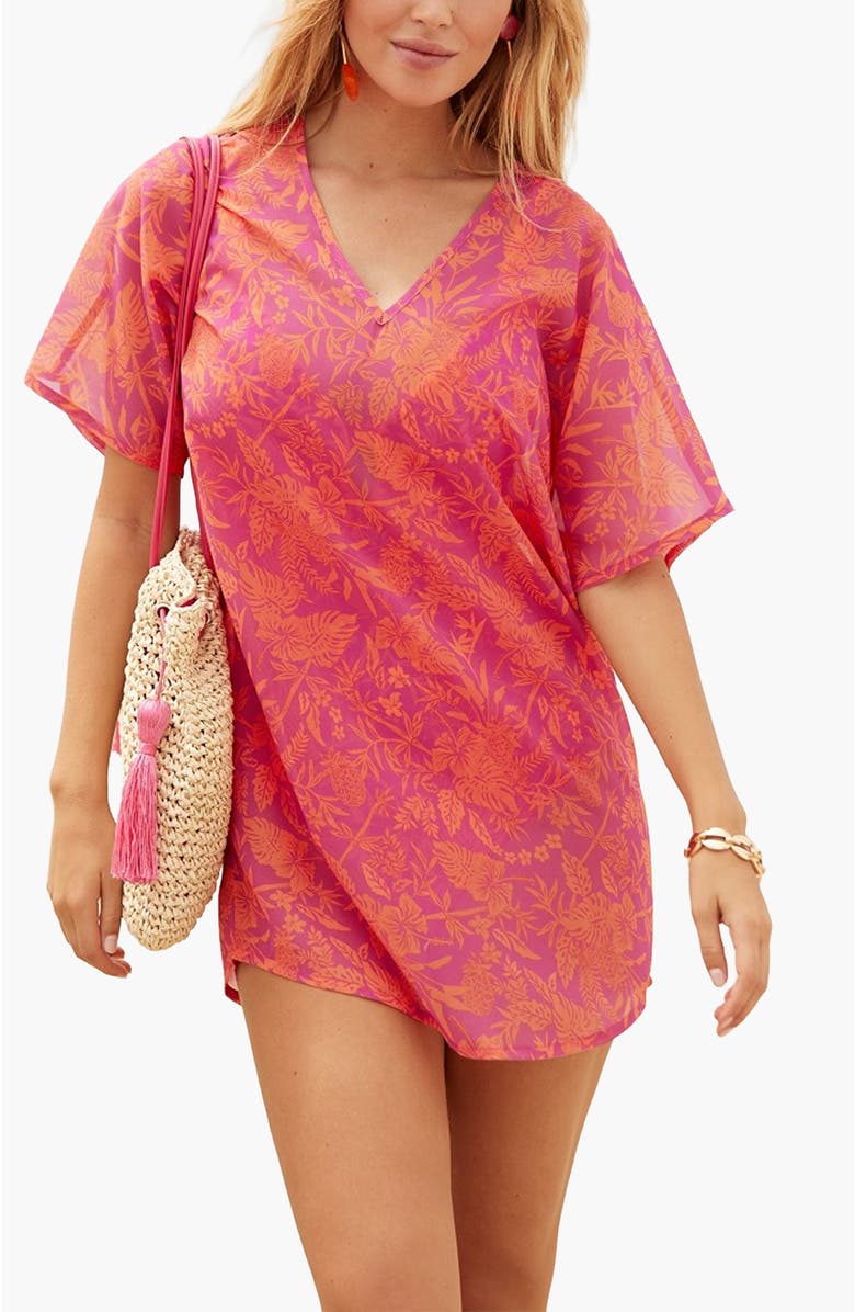 LASCANA Women's Tropical Cover Up, Main, color, Pink Orange