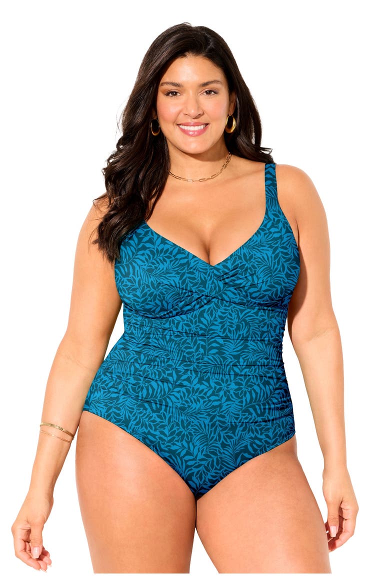 V Neck One Piece Swimsuit, Main, color, Mediterranean Palms