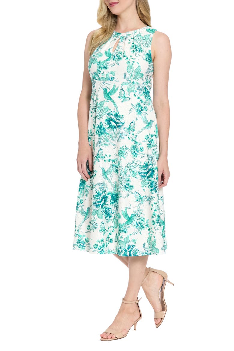 Floral Keyhole Sleeveless A-Line MIdi Dress, Alternate, color, SOFT WHITE/ TEAL