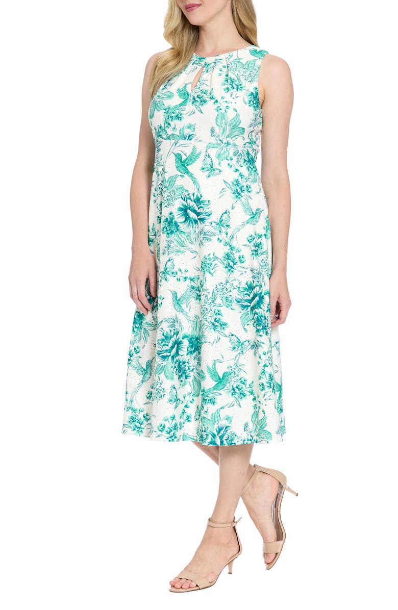 London Times Floral Keyhole Sleeveless A-Line MIdi Dress, Alternate, color, Soft White/ Teal