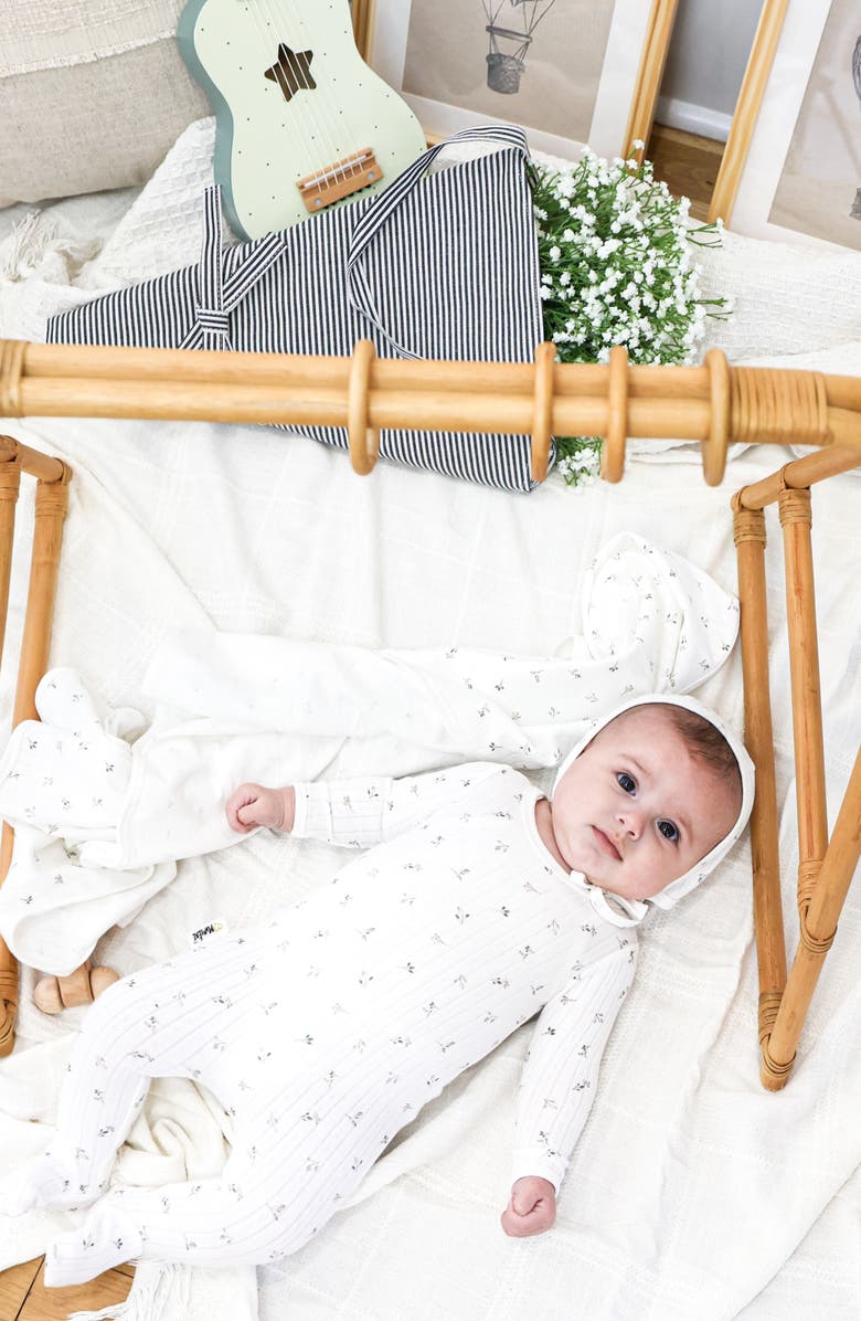 Manière Pointelle Leaves Footie & Hat Set, Alternate, color, Ivory