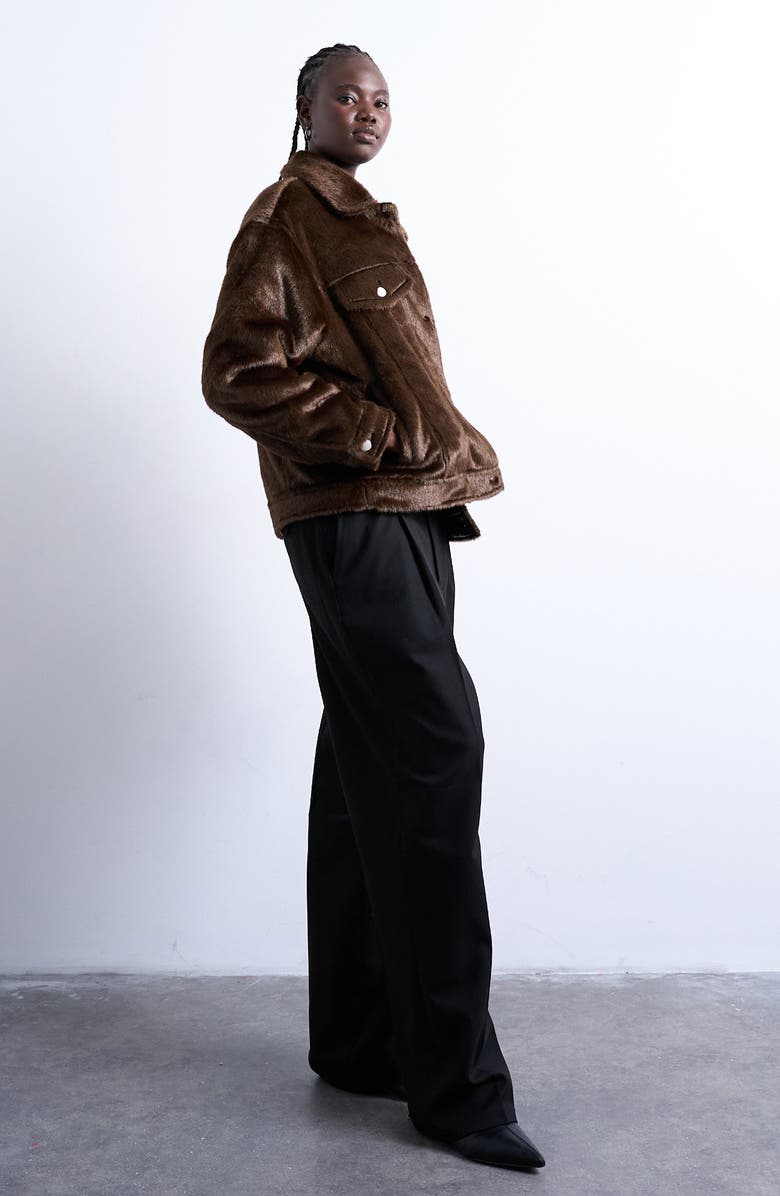 Topshop Faux Fur Western Trucker Jacket, Alternate, color, Brown