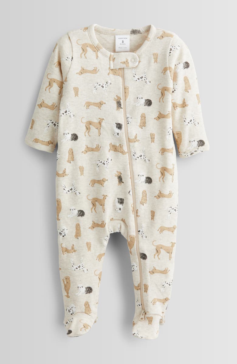 Nordstrom Print Zip Cotton Footie, Main, color, Beige Oatmeal Dogs