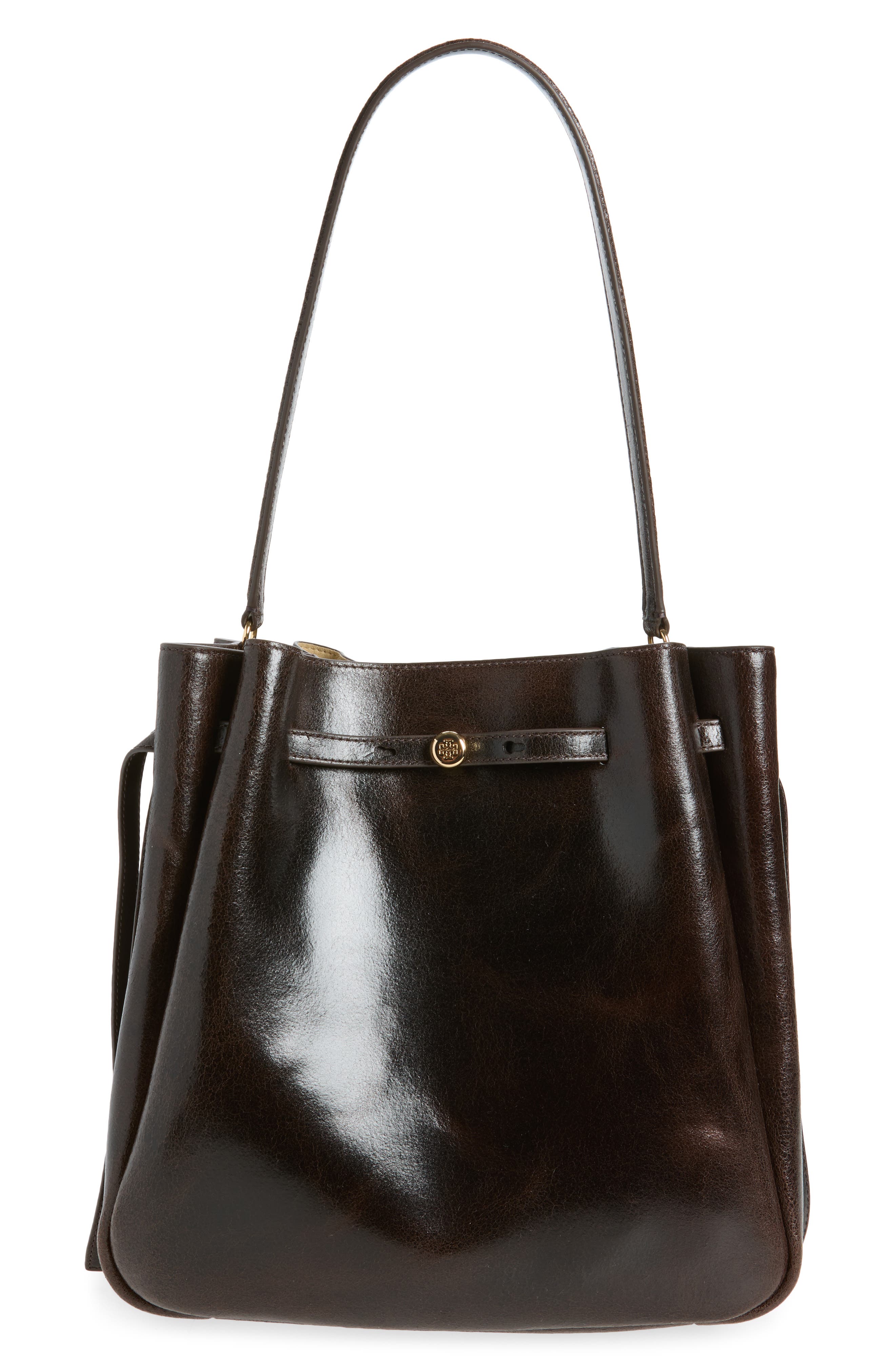 Romy Distressed Large Leather Bucket Bag, Main, color, DARK BROWN