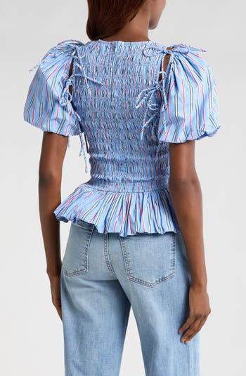 Becca Stripe Cutout Smocked Organic Cotton Peplum Top