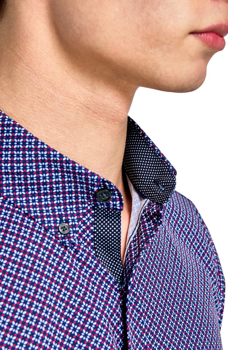 CONSTRUCT Geo Short Sleeve Woven Button Down Shirt, Alternate, color, Navy/ Red