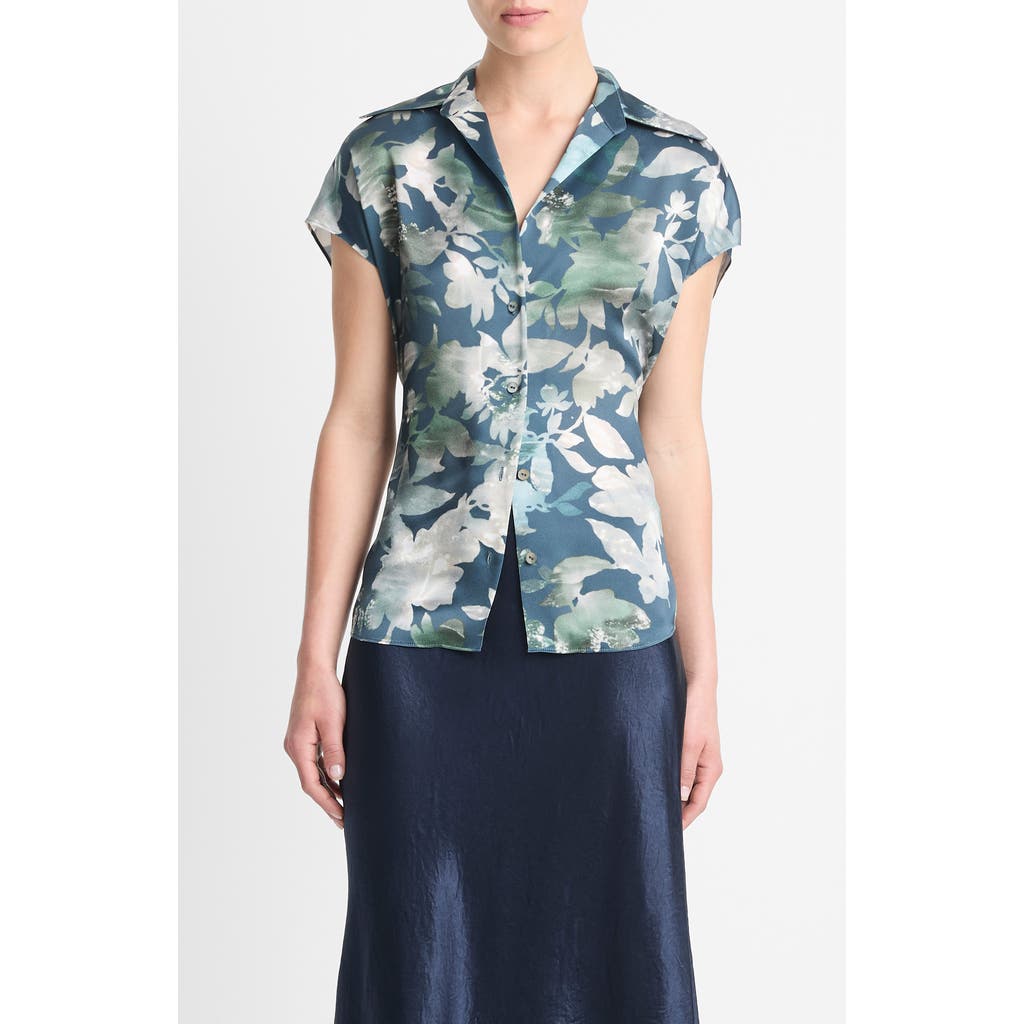 Vince Silk Shimmer Lake Ruched-back Cap-sleeve Blouse In Deep Sea