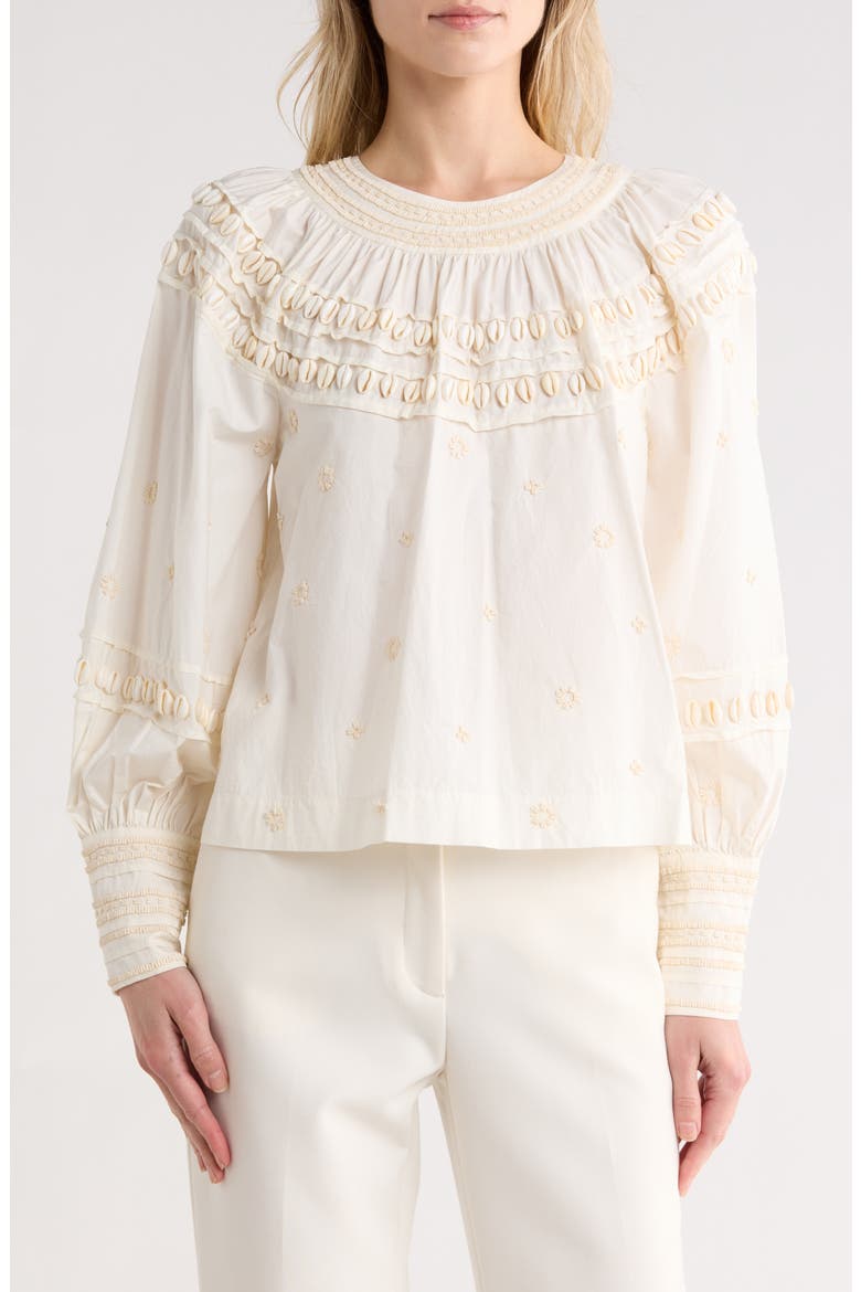 Tana Shell Embellished Long Sleeve Cotton Top, Main, color, COWRIE