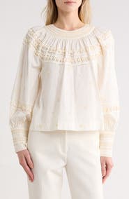 Ulla Johnson Tana Shell Embellished Long Sleeve Cotton Top