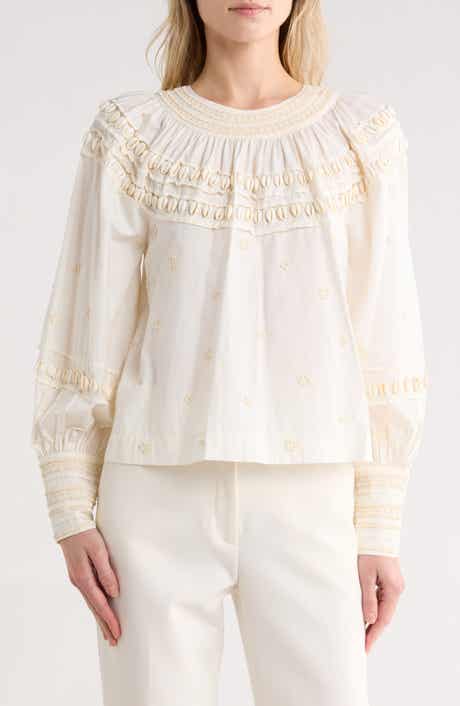 Ulla Johnson Tana Shell Embellished Long Sleeve Cotton Top