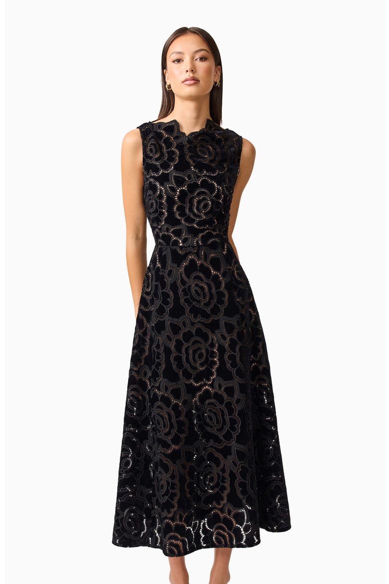 Eris Sleeveless Velvet Lace Midi Dress, Alternate, color, BLACK