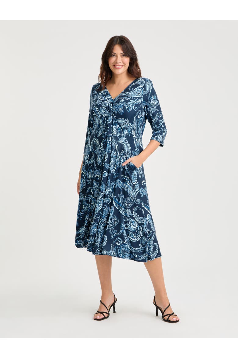 Claudia Peach Touch Knot Front Dress, Main, color, Navy Paisley