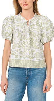 CeCe Tie Front Short Puff Sleeve Top