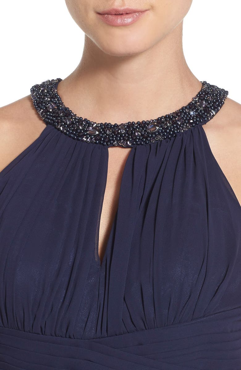 Eliza J Embellished Tiered Chiffon Halter Gown, Alternate, color, Midnight Navy