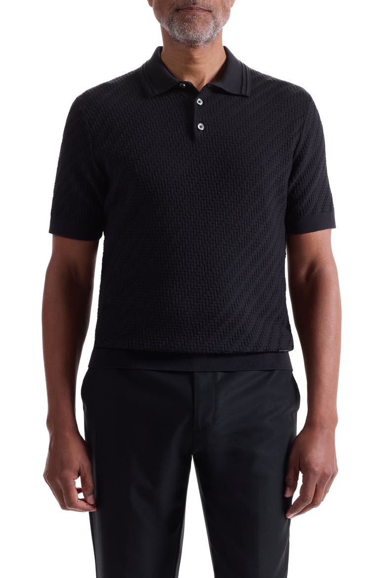 Basket Stitch Cotton Blend Polo Sweater, Main, color, BLACK