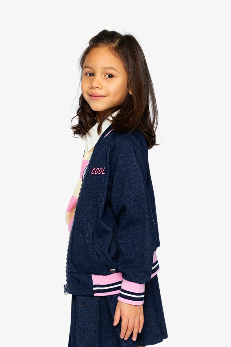 French Terry Appliqué Patch Full Zip Bomber Jacket, Alternate, color, Navy Blue Denim