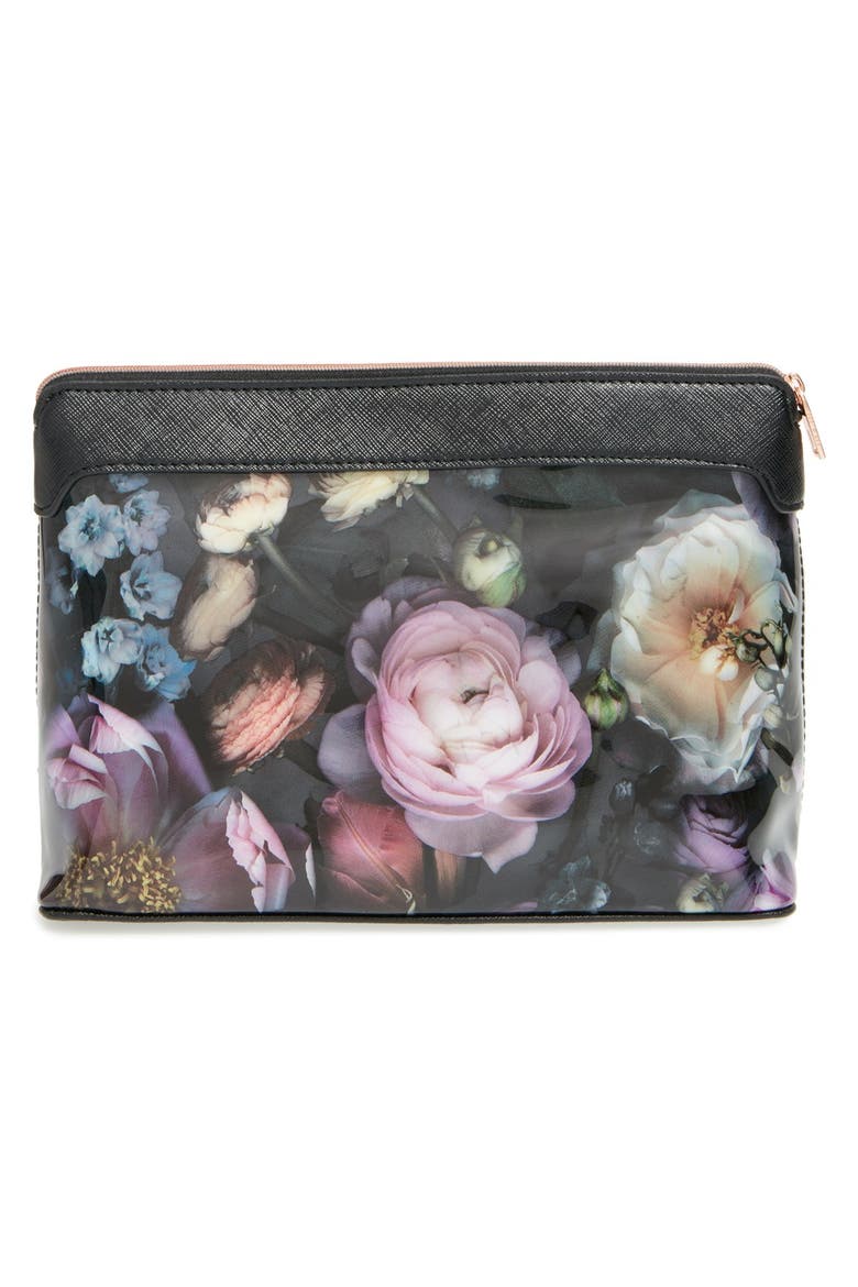 'Large Shadow Flora' Cosmetics Case, Alternate, color, MEDIUM GREY