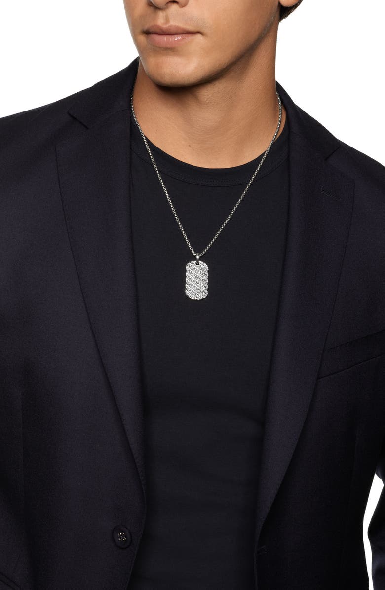 David Yurman Sculpted Cable Tag in Sterling Silver with Diamonds, 35mm, Alternate, color, Sterling Silver