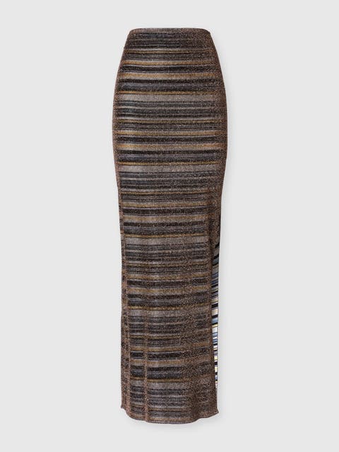 Striped Viscose Lamé Long Skirt With Slit