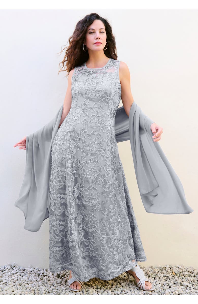 Roaman's Plus-Size Allover Lace Embellished Shawl Gown, Alternate, color, Black