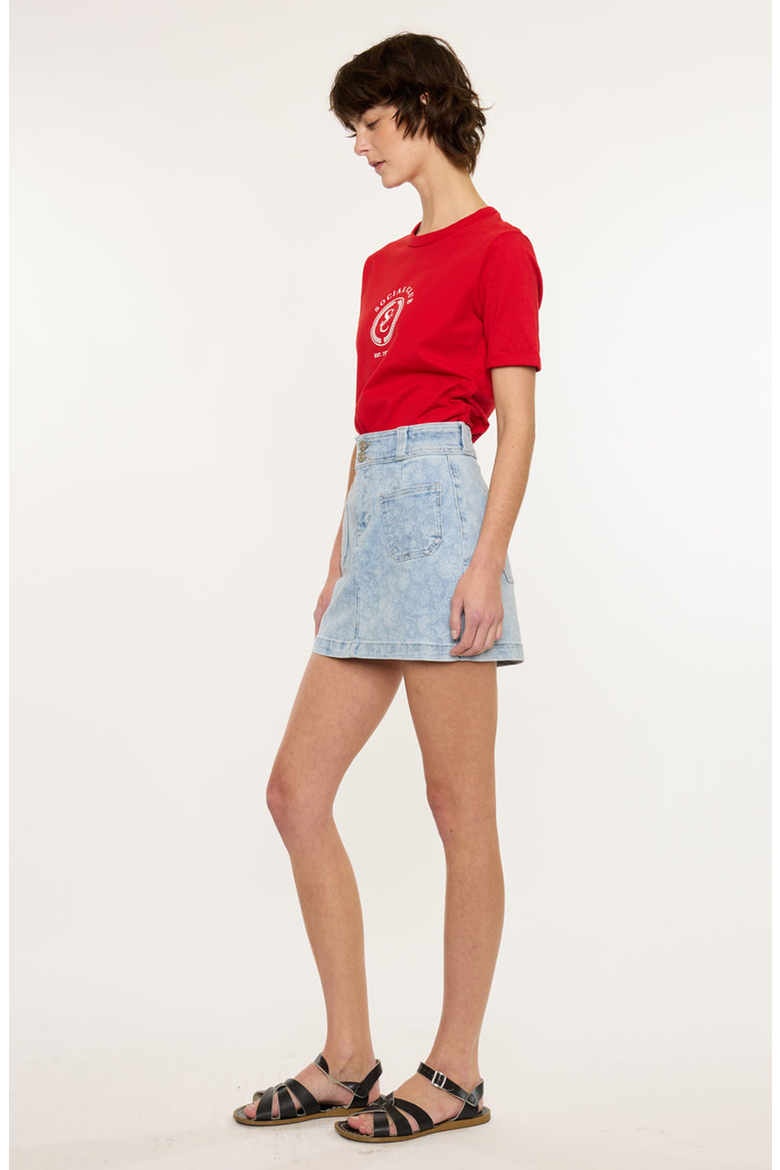 Aria Mid Rise Floral Print Denim Mini Skir, Alternate, color, Light Wash