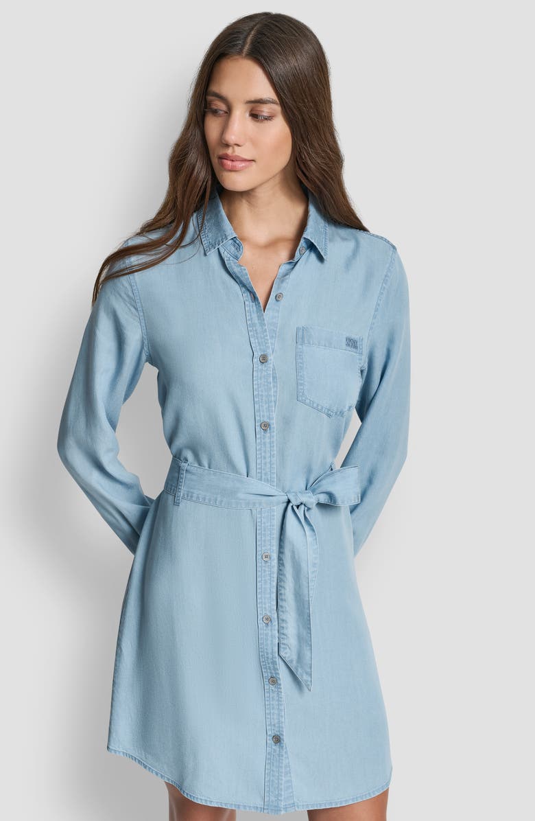 DKNY Jeans Tie Waist Long Sleeve Shirtdress, Alternate, color, Chambray