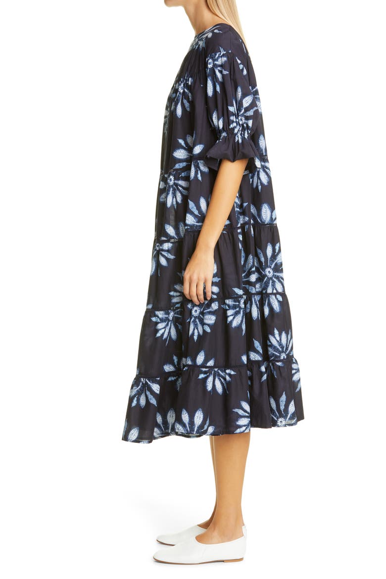 Paradis Tiered Puff Sleeve Cotton Dress, Alternate, color, NAVY / FLORAL PRINT