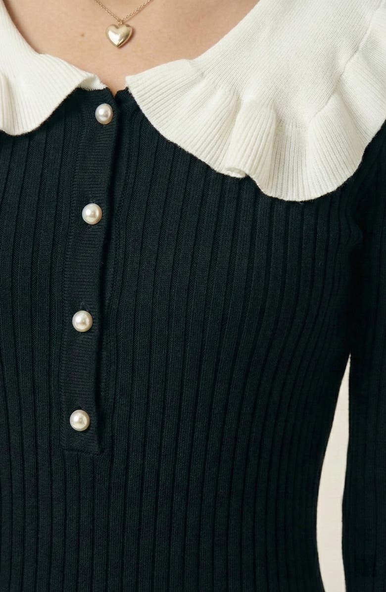 Modenaire Ribbed Knit Ruffled Collar Midi Dress, Alternate, color, Black