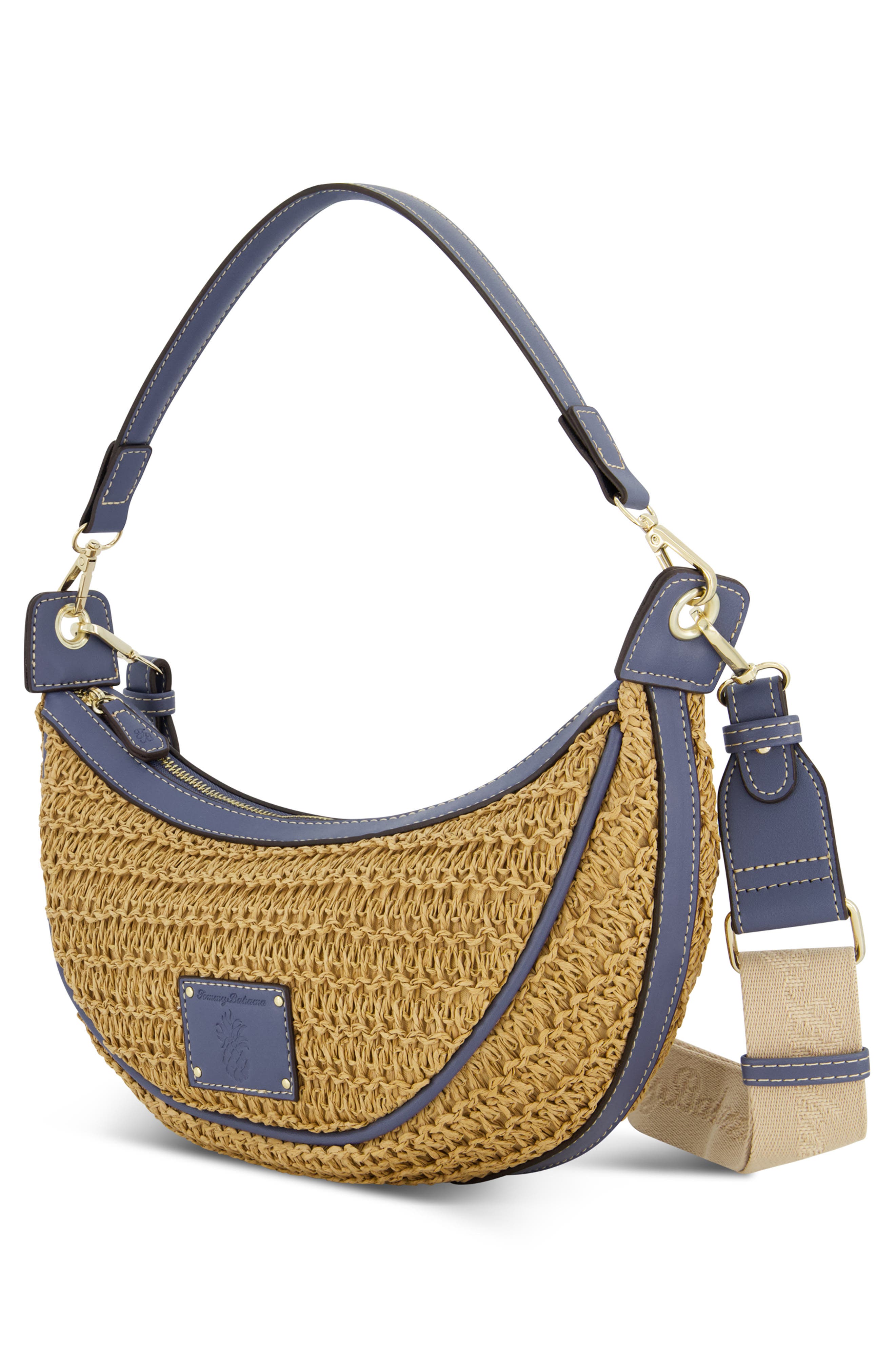 Tommy Bahama Logo Debossed Raffia Shoulder Bag, Alternate, color, Navy