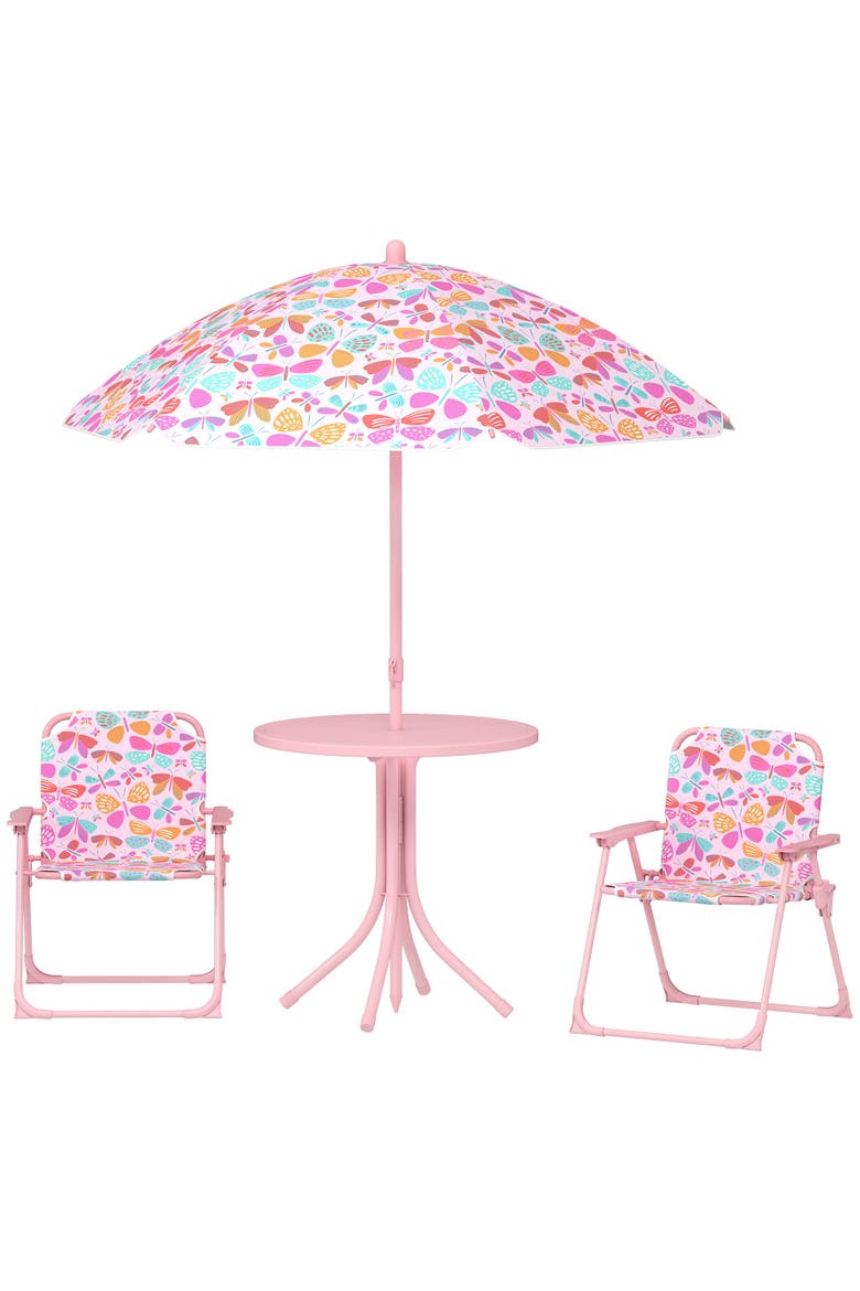 Kids Outdoor Picnic Table with Foldable Chairs and Removable Umbrella, Main, color, Pink