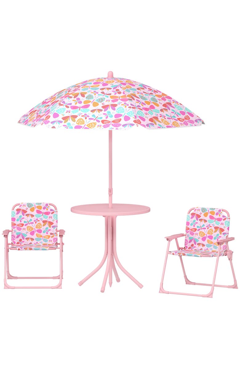 Qaba Kids Outdoor Picnic Table with Foldable Chairs and Removable Umbrella, Main, color, Pink