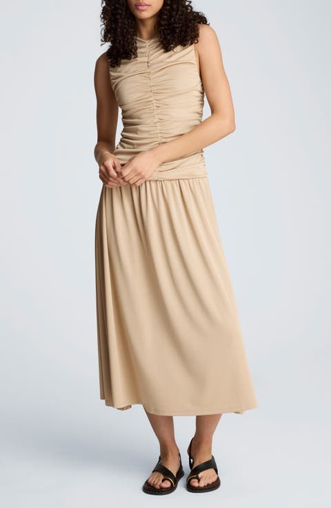 Ruched Sleeveless A-Line Midi Dress
